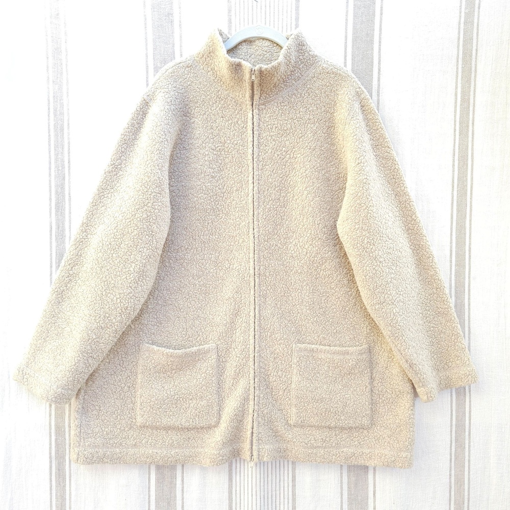 Eileen Fisher Jacket Womens Large Cream Wool Boucle Oversized Funnel Neck Zip